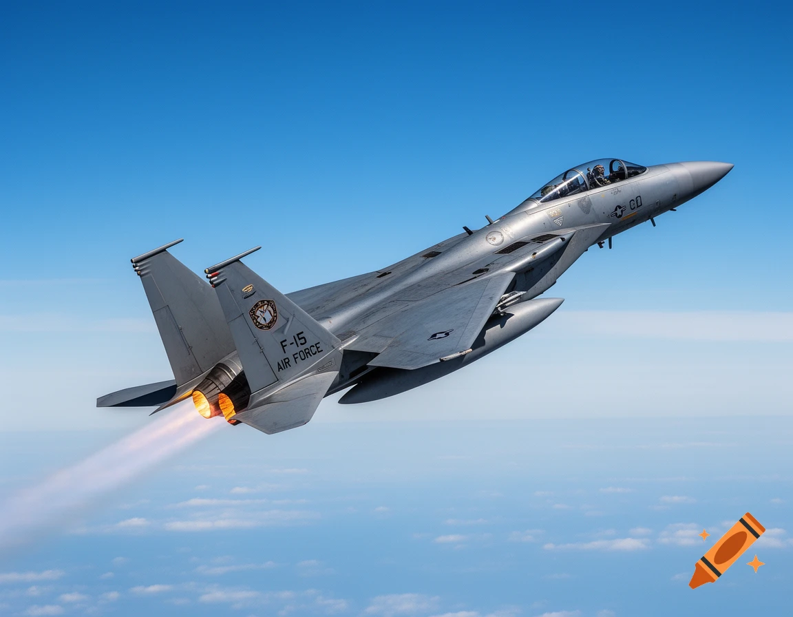 Photorealistic F-15 fighter jet flying at an angle with fiery exhaust in a clear blue sky above clouds.