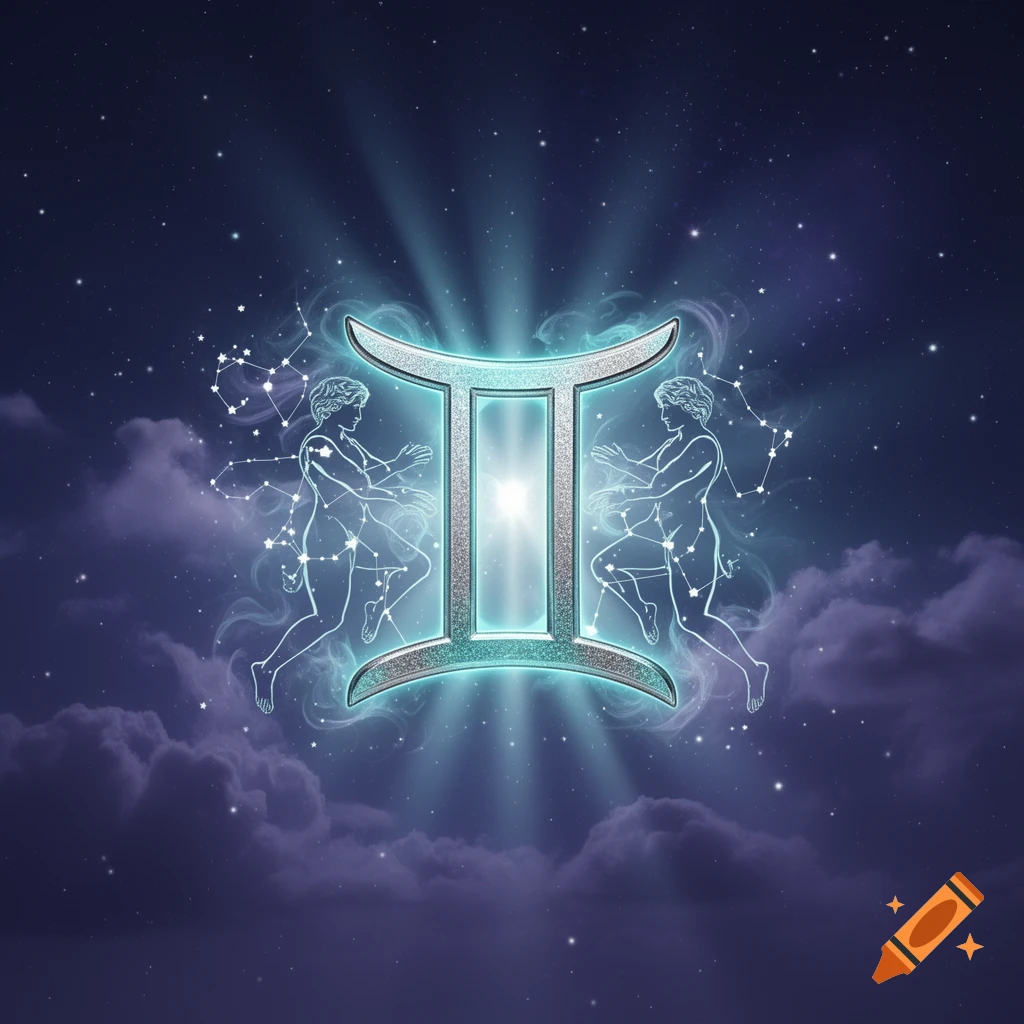 A glowing silver Gemini zodiac symbol with two figures, set against a dark starry night sky with purple clouds and constellations.