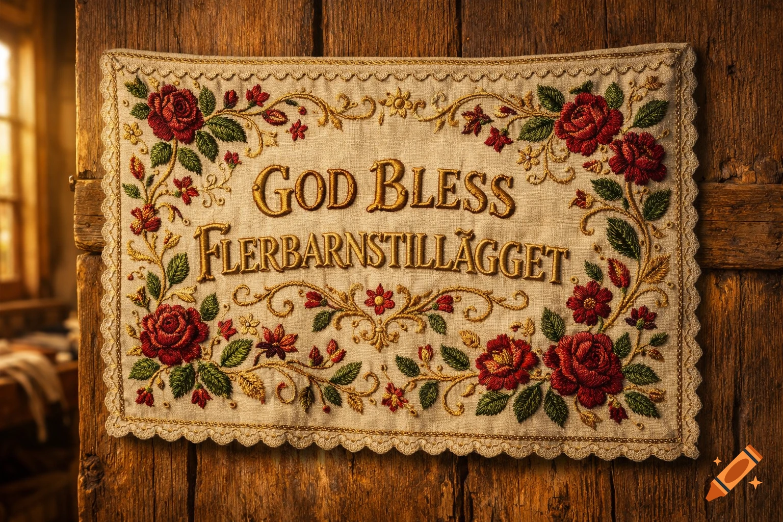 An embroidered textile piece with red roses and green leaves, reading 'GOD BLESS FLERBARNSTILLÄGGET', hanging on a rustic wooden wall.
