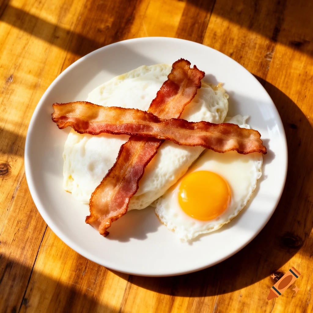 Crispy bacon strips forming an X over fried eggs on a white plate, on a wooden table with sun streaks.