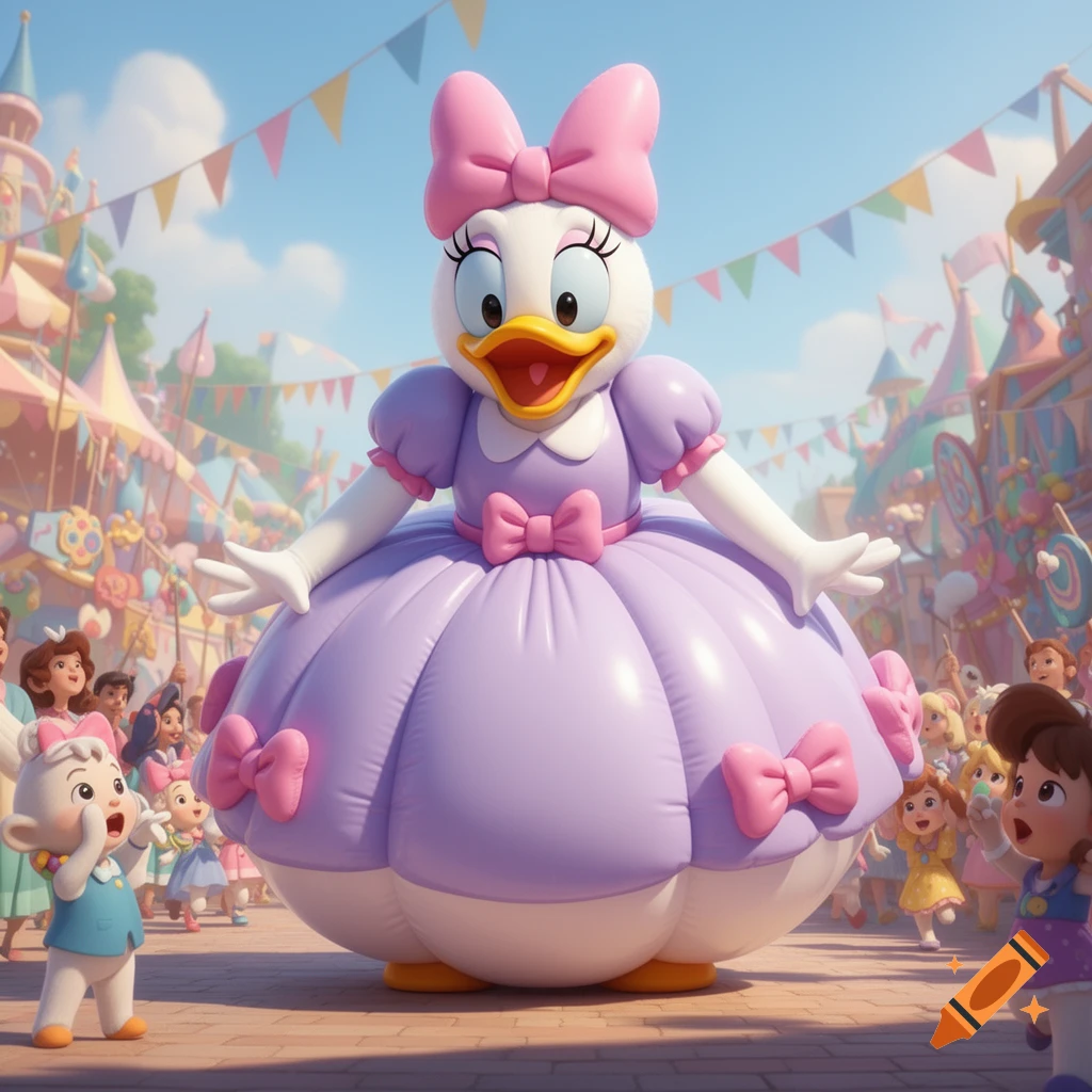 A gigantic, inflatable-looking Daisy Duck in a purple dress and pink bows stands in a colorful theme park, surrounded by smaller cartoon people.