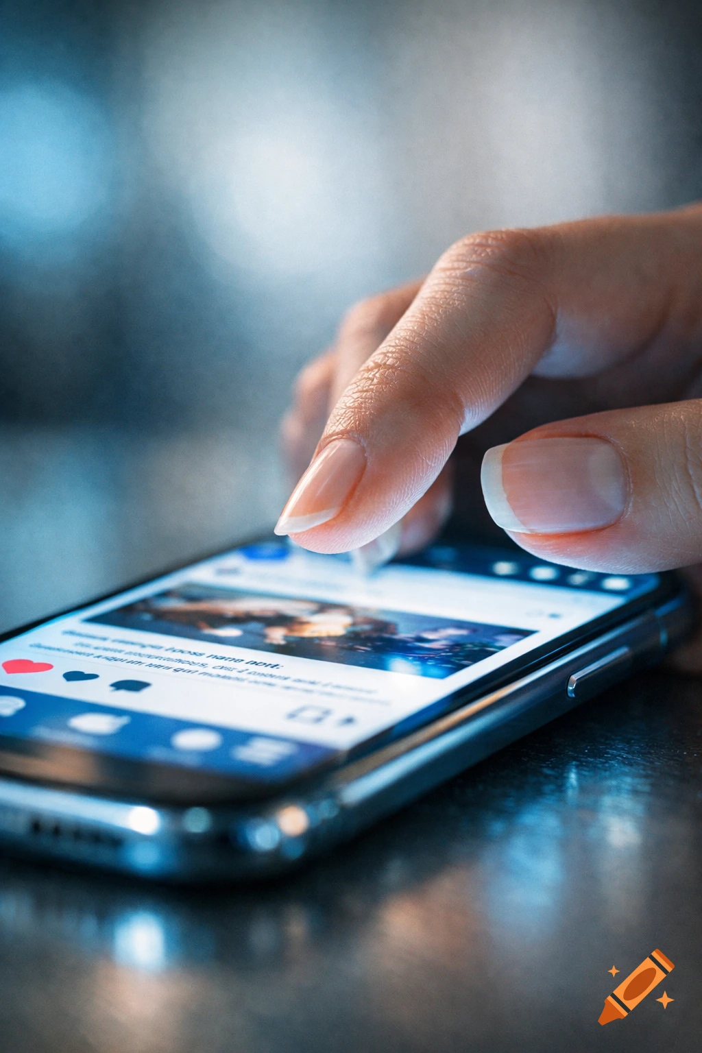 Close-up of a hand scrolling through a social media feed on a smartphone, rendered in cool tones.