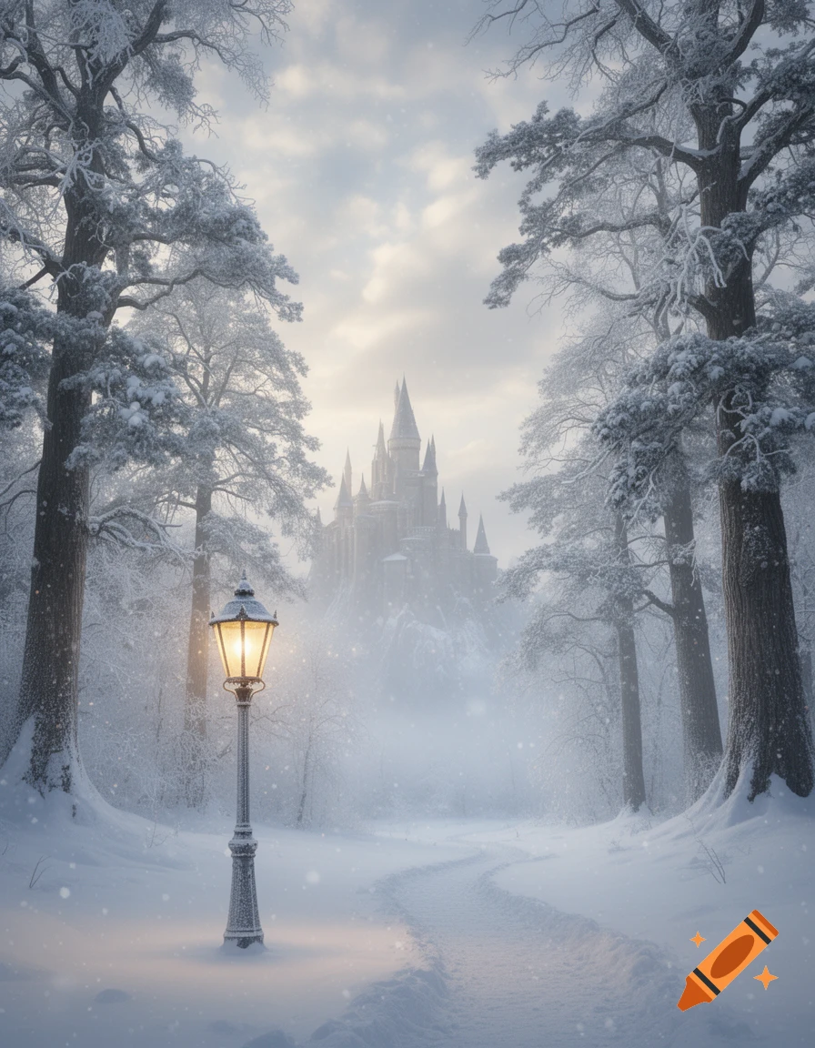 A glowing lantern illuminates a snowy path through a winter forest ...