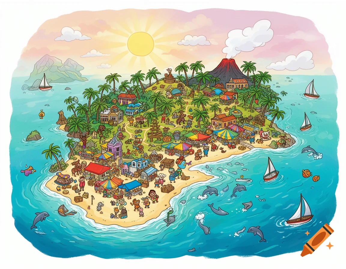 A colorful cartoon map of a tropical island featuring a bustling market, houses, a volcano, palm trees, sailboats, and playful dolphins in the surrounding blue sea.