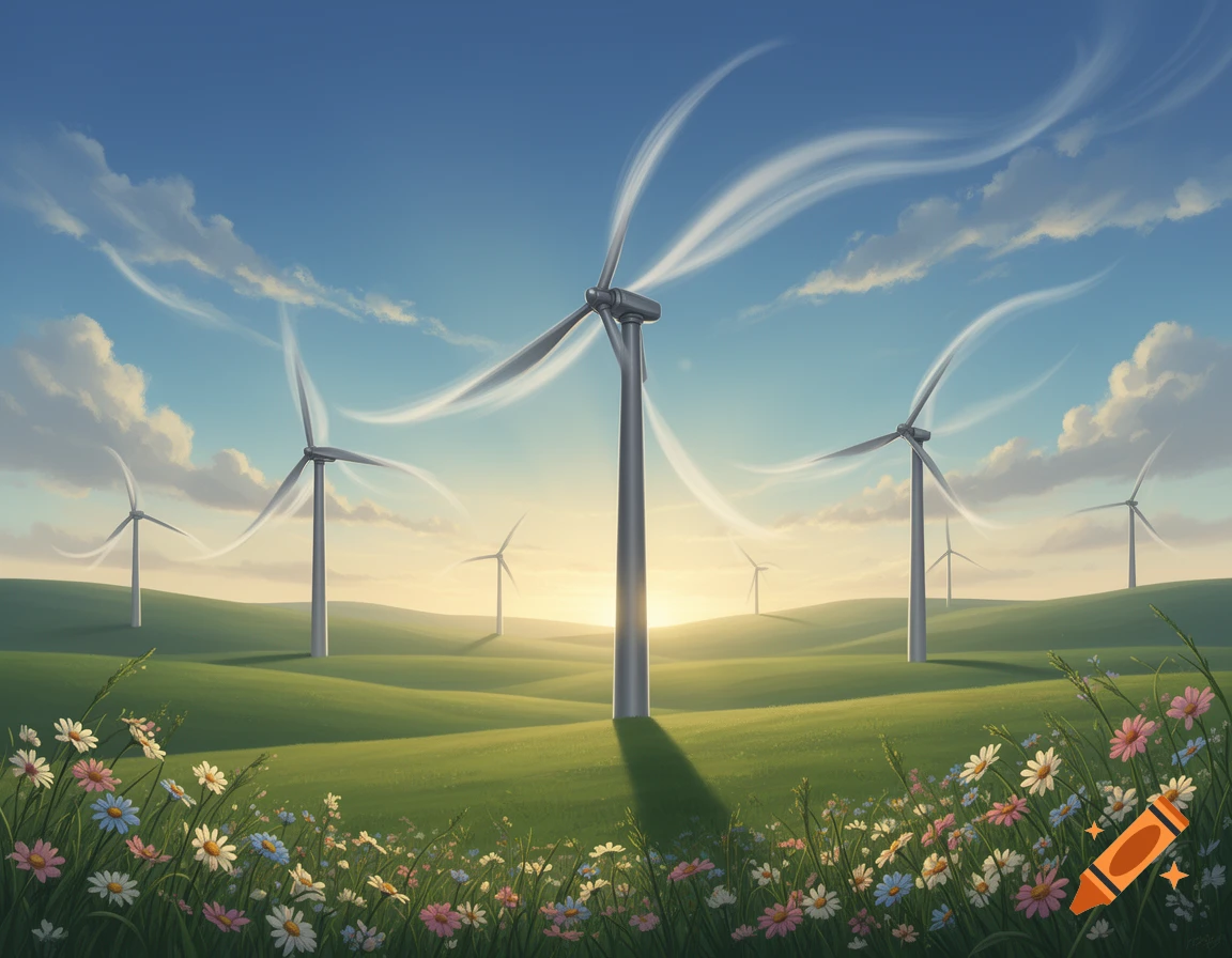 An illustration of wind turbines in a green field with wildflowers under a sunny blue sky.