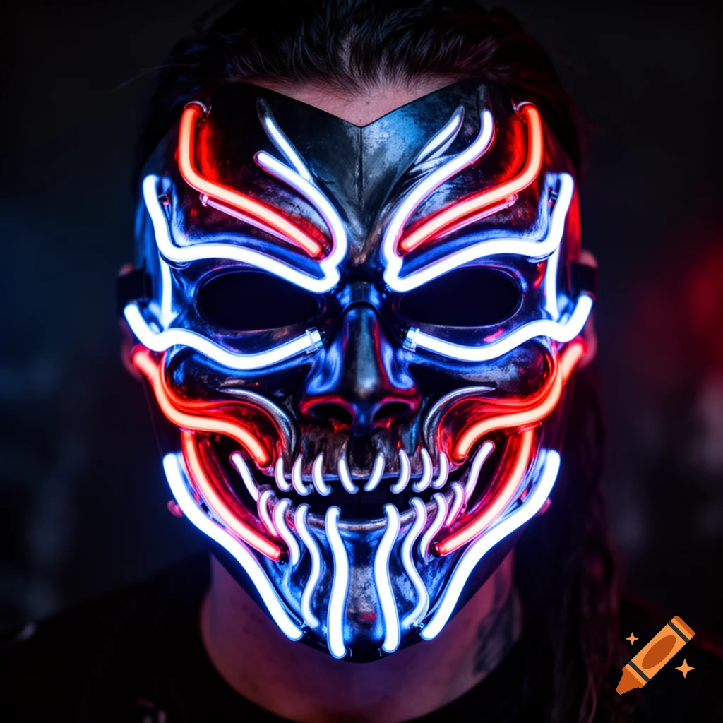 A person wears a dark, metallic mask with intricate glowing red and blue neon lights forming a stylized skull or demon face.