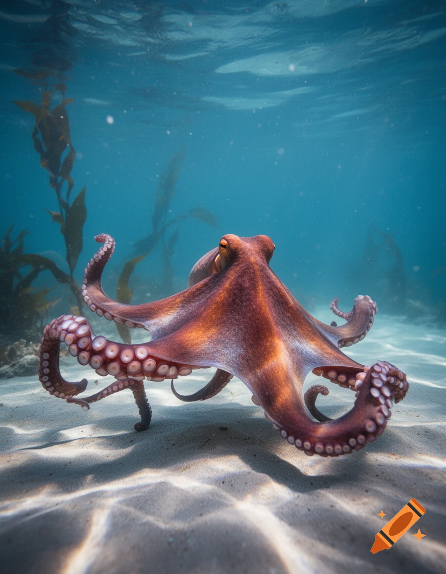 Photorealistic octopus on a sandy ocean floor with kelp and sunlight filtering through the blue water.