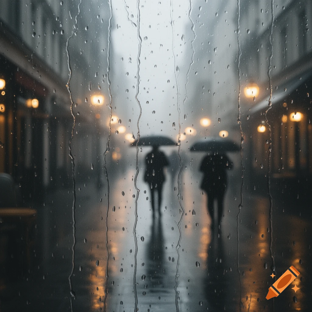 View through a rain-streaked window of a blurry city street at night, with two silhouetted figures holding umbrellas.