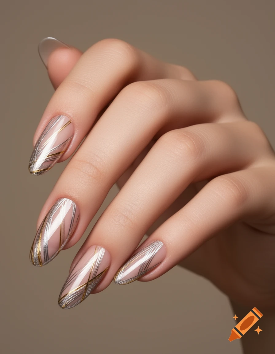 Close-up of a hand with long, glossy, rounded-oval nails featuring a clear cuticle and intricate silver and gold metallic line art.
