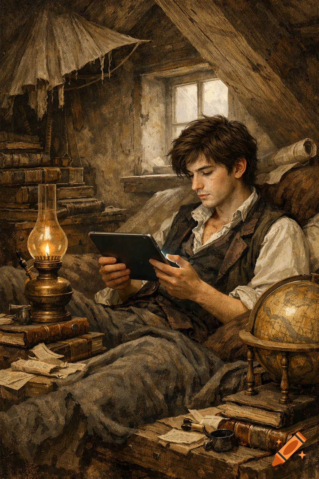 A young man in old-fashioned clothes sits in a rustic attic, using a glowing tablet next to an oil lamp, books, and a globe, in a painterly style.