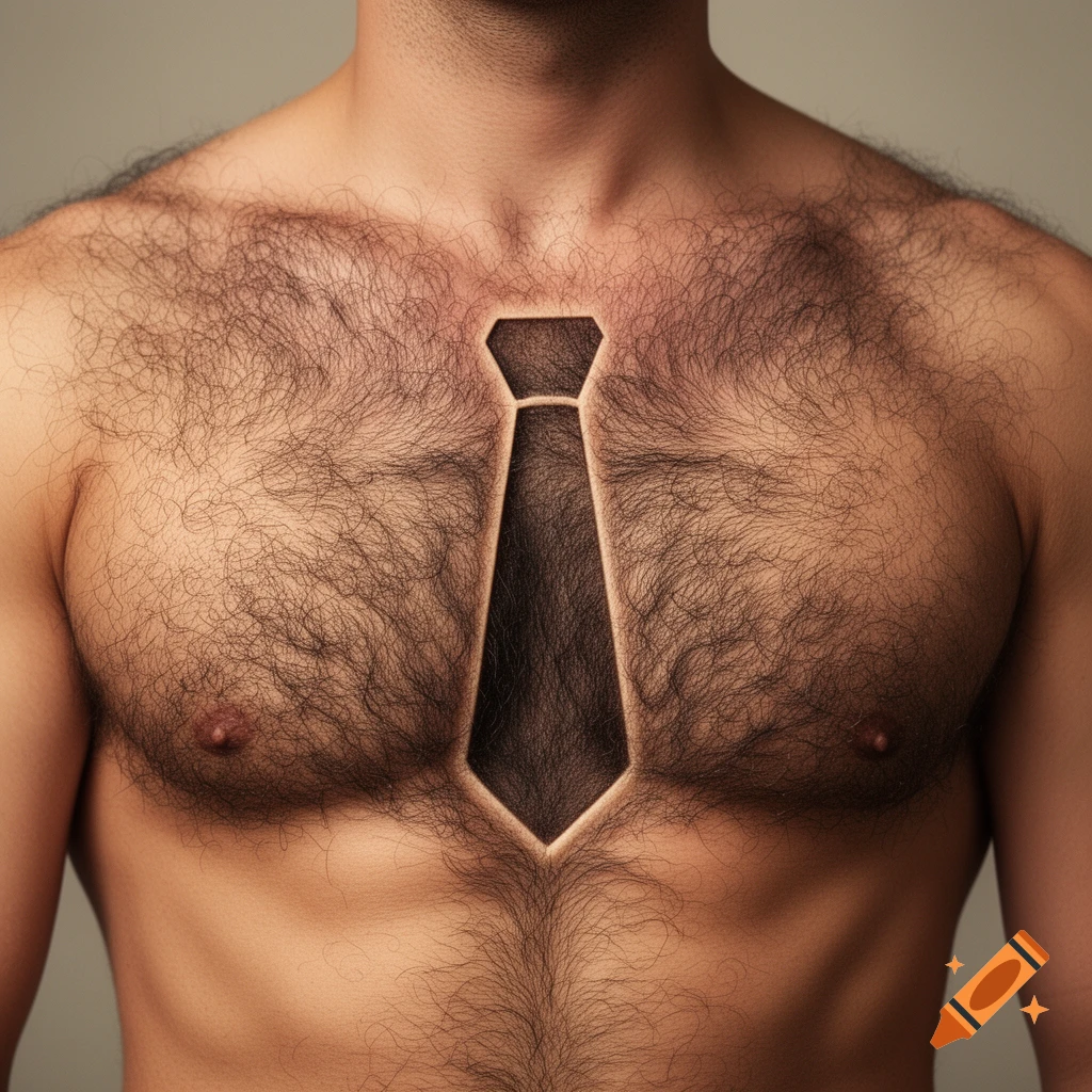 Photorealistic close-up of a man's hairy chest with a tie silhouette shaved into the chest hair.