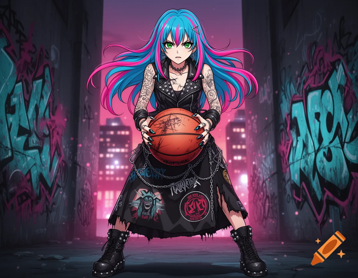 Anime girl with blue and pink hair, punk clothing, and tattoos holds a basketball in a graffiti-covered urban alley at dusk.