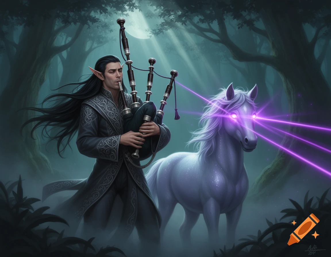 Elf bard with long black hair playing bagpipes in a mystical forest, beside a glowing-eyed magical pony shooting violet laser beams.