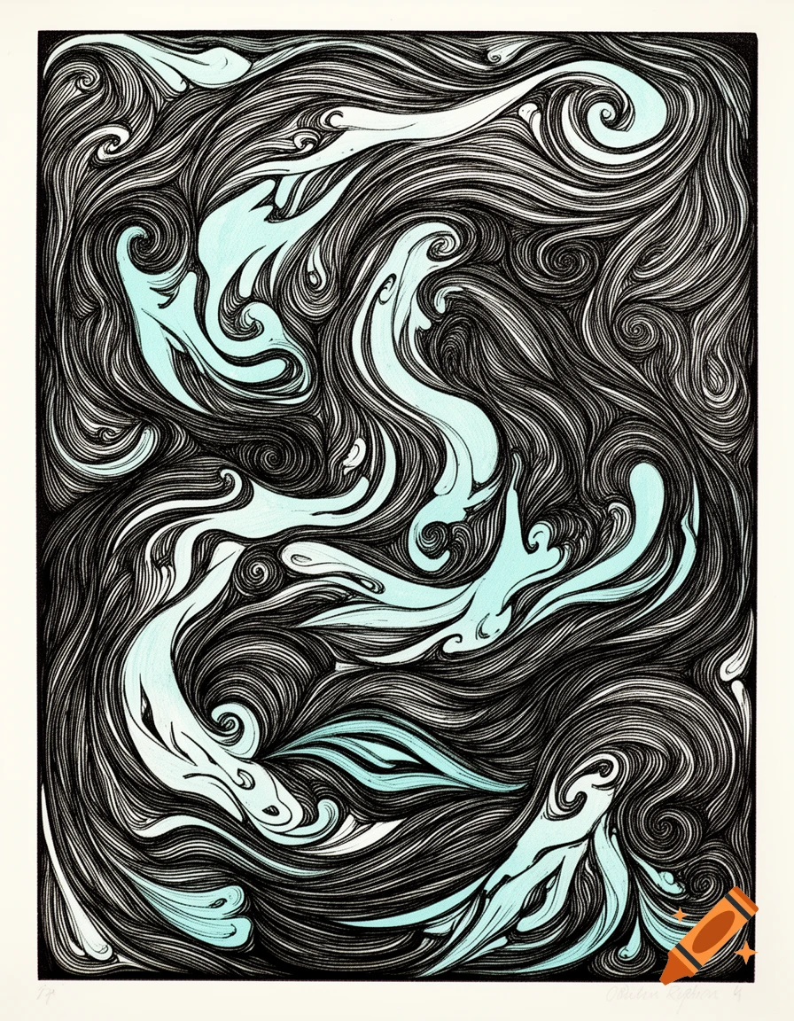An intricate linocut illustration features swirling black lines forming abstract patterns around light cyan, ethereal flowing shapes on a white background.