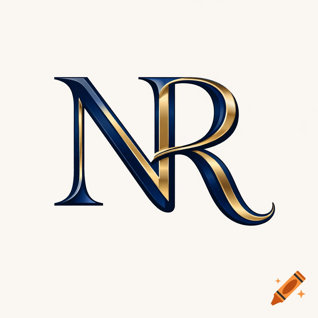 An elegant monogram logo featuring the letters "NR" in blue and gold, with a glossy, metallic finish.