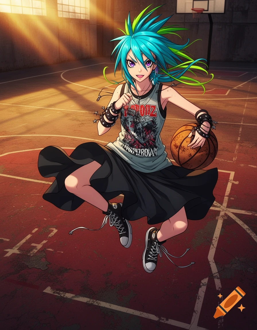 Anime alternative rock girl with blue and green hair, wearing a tank top and long skirt, jumping on a basketball court while holding a basketball.