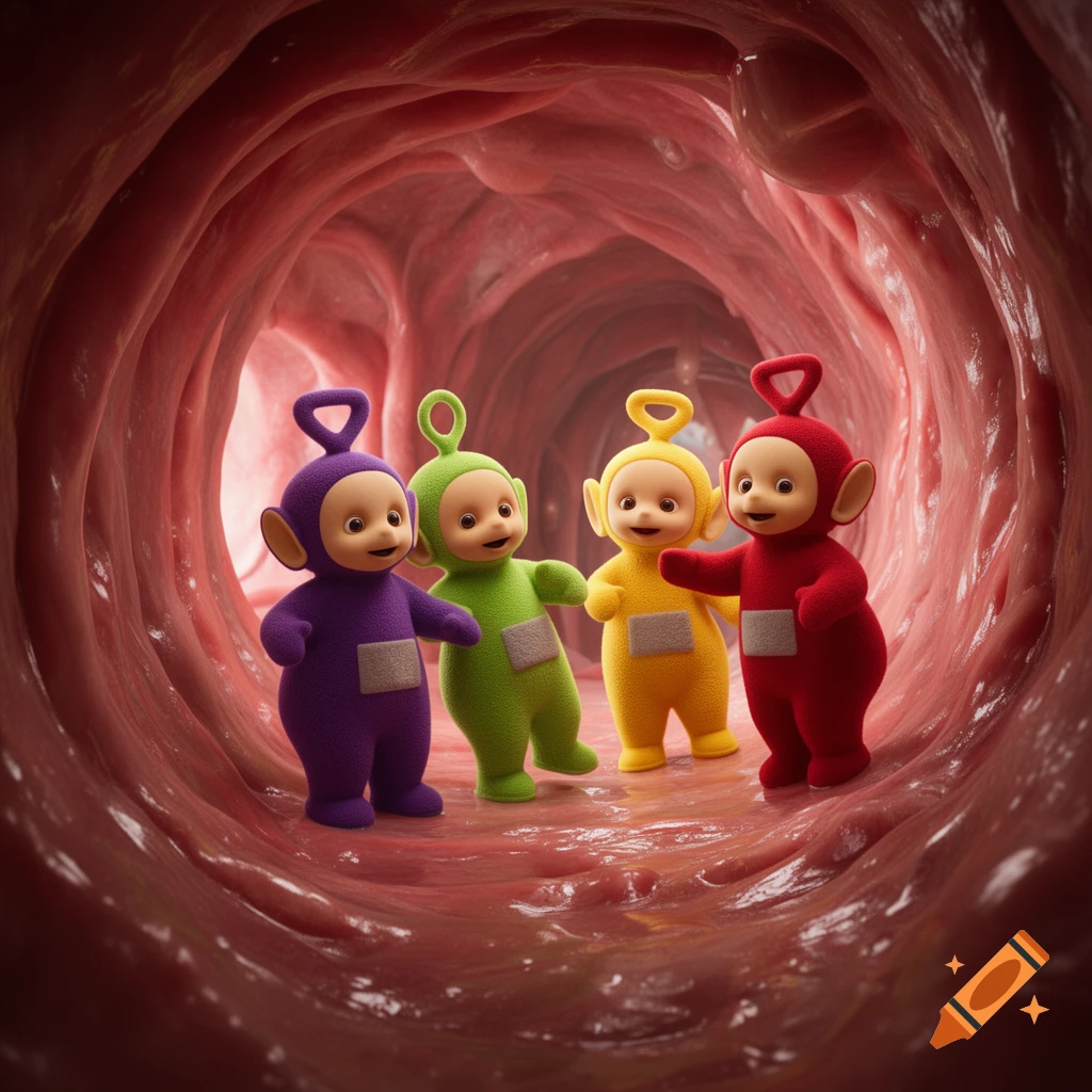 Four colorful Teletubbies, purple, green, yellow, and red, stand smiling inside a realistic, fleshy, reddish-brown human intestine tunnel.