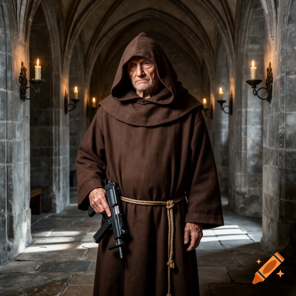 A stern, hooded medieval monk in a brown robe holds an Uzi submachine gun in a photorealistic image set in a candlelit stone monastery.