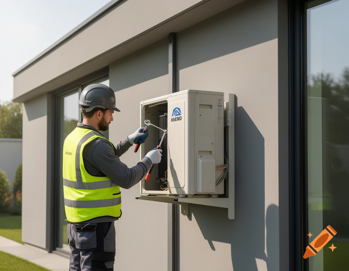 A technician in a hard hat and safety vest installs an outdoor heat pump unit on the side of a modern house, holding tools.