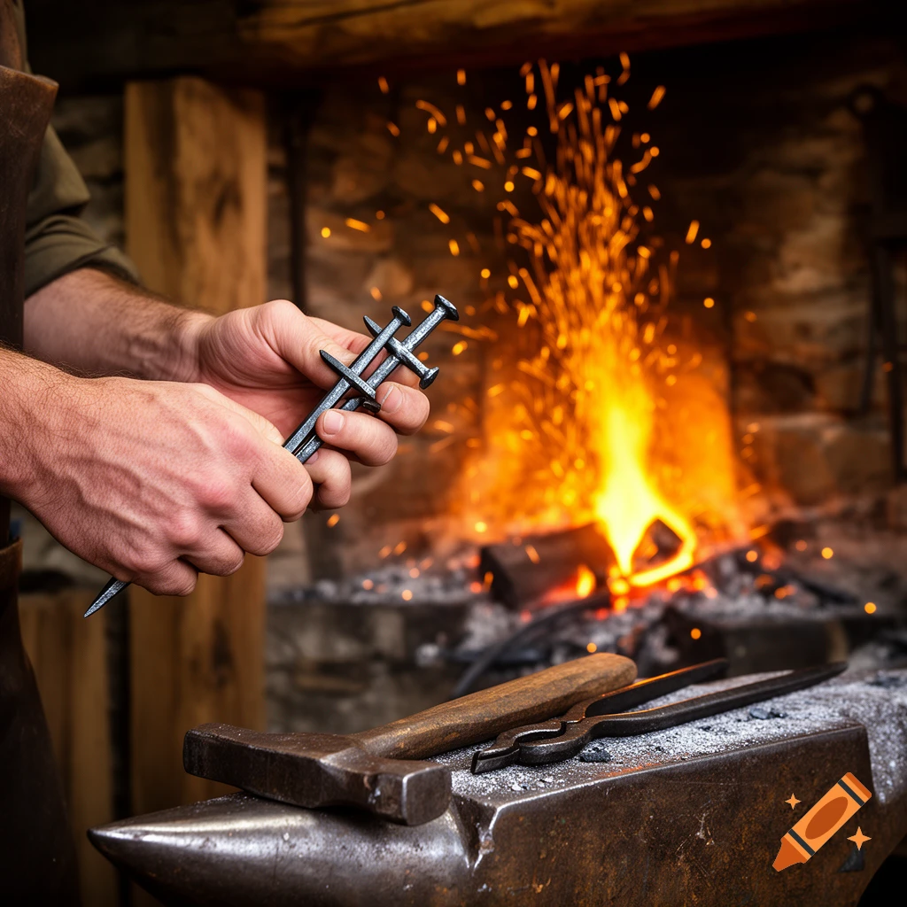 Close-up of a blacksmith's hands holding several dark, forged nails forming a cross shape, with a fiery forge and sparks in the background.