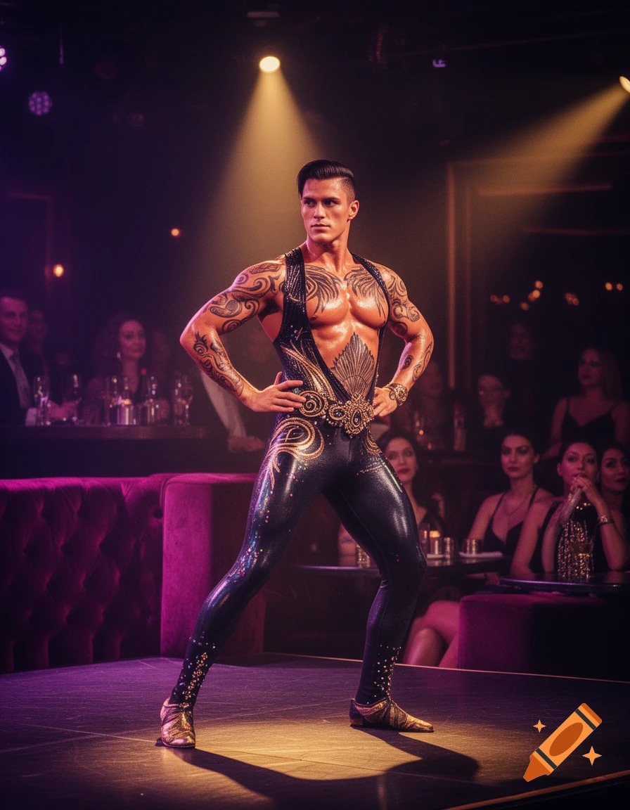 A muscular male performer in a decorated, form-fitting costume poses on a spotlighted stage with an audience in the background.