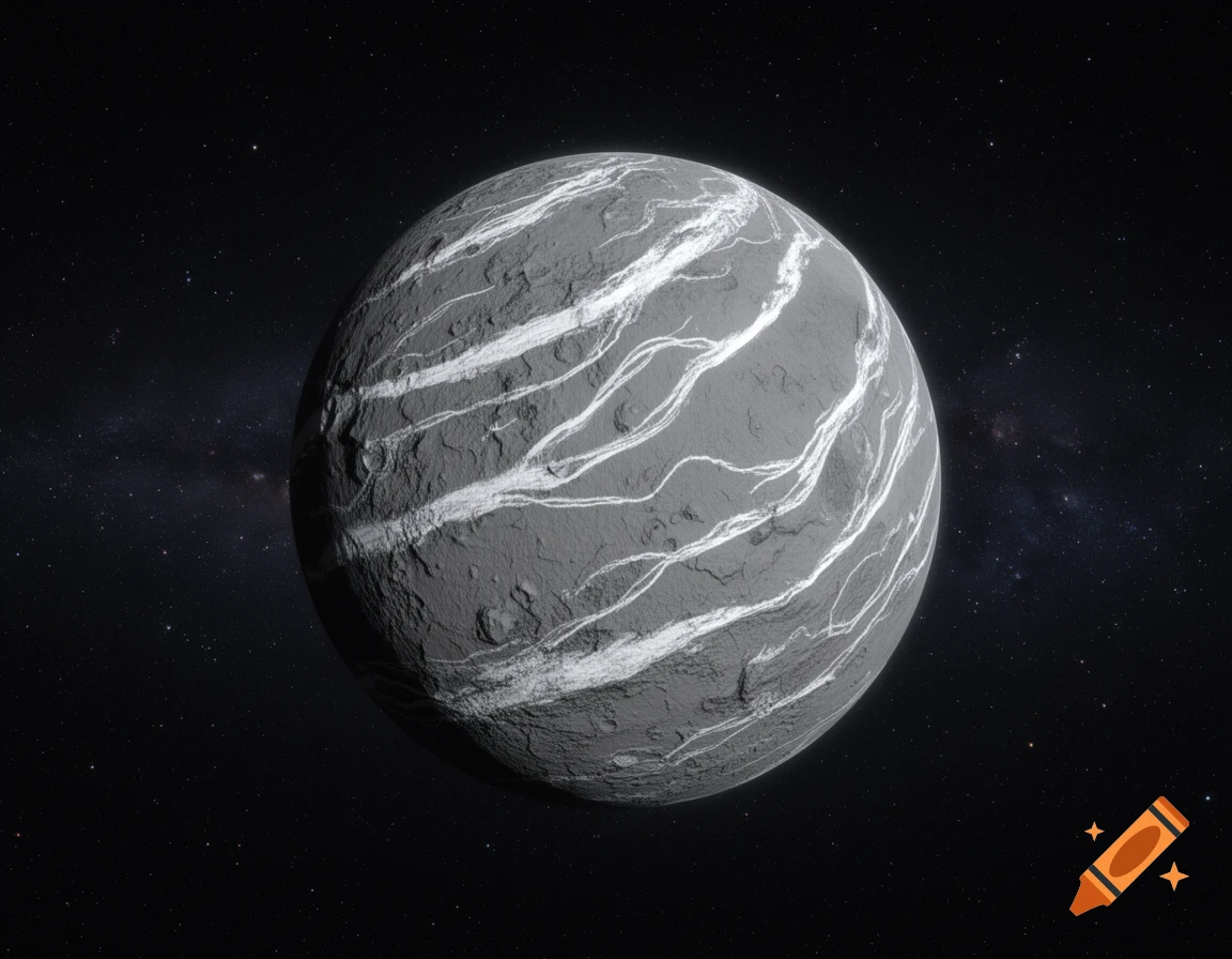 A detailed grey planet with prominent white wavy stripes orbits in a dark, star-filled outer space.