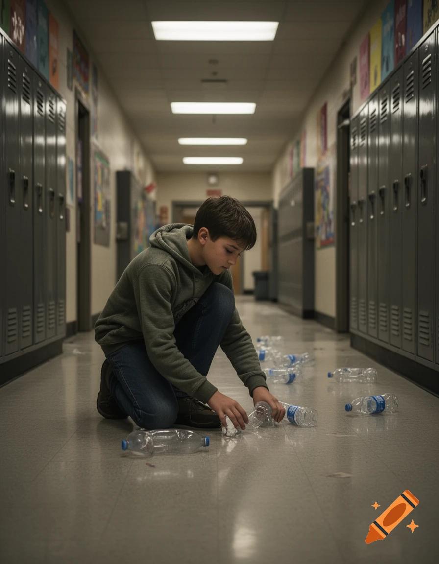 A young boy kneels in a school hallway, picking up plastic water bottles from the tiled floor next to lockers.