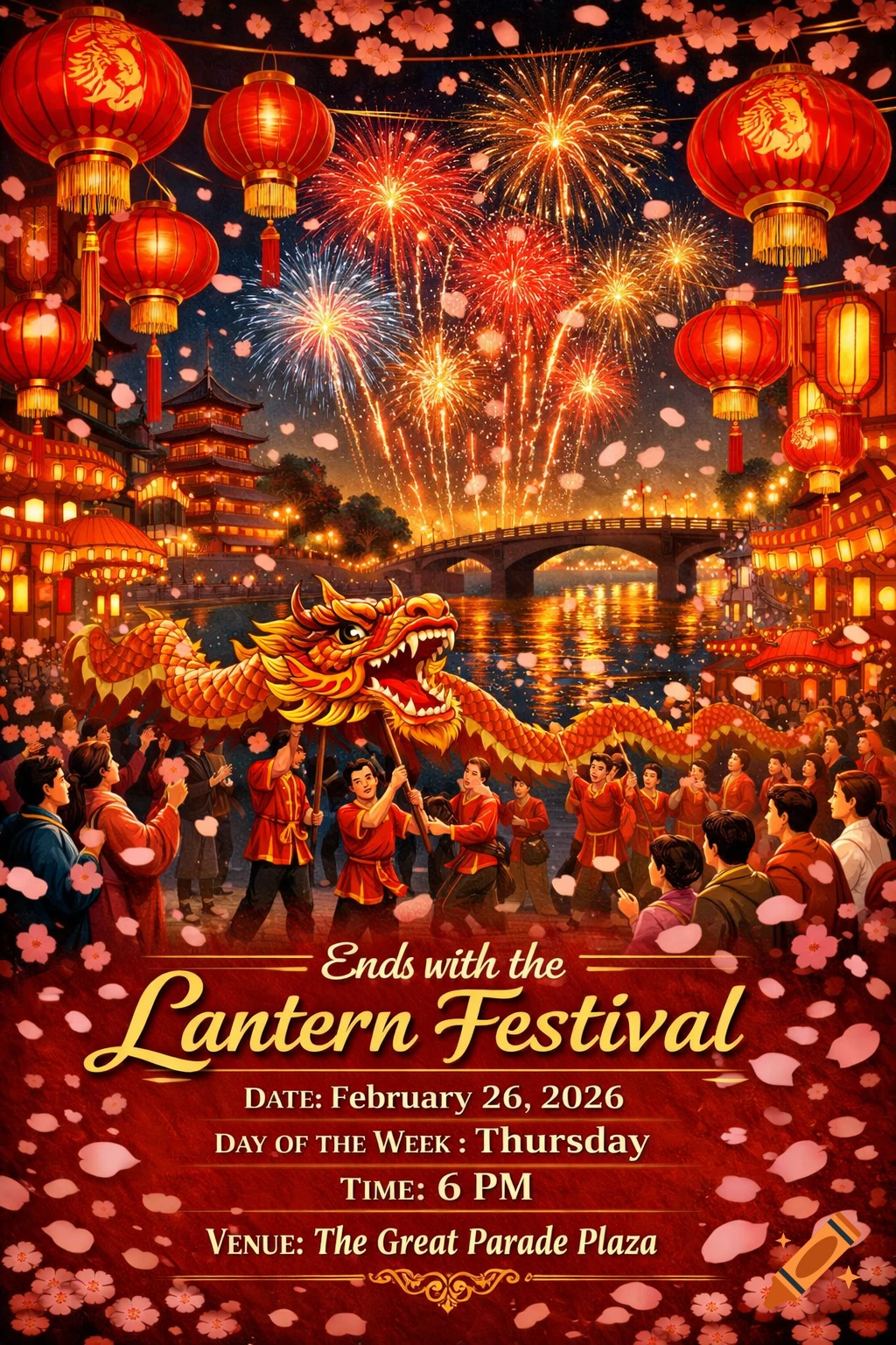 Vibrant Chinese New Year festival poster with a dragon dance, red lanterns, fireworks over a river, and a crowd celebrating.