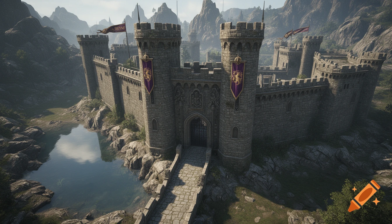 A photorealistic digital painting of a large stone castle with towers and walls, beside a tranquil pool, surrounded by rugged mountains.