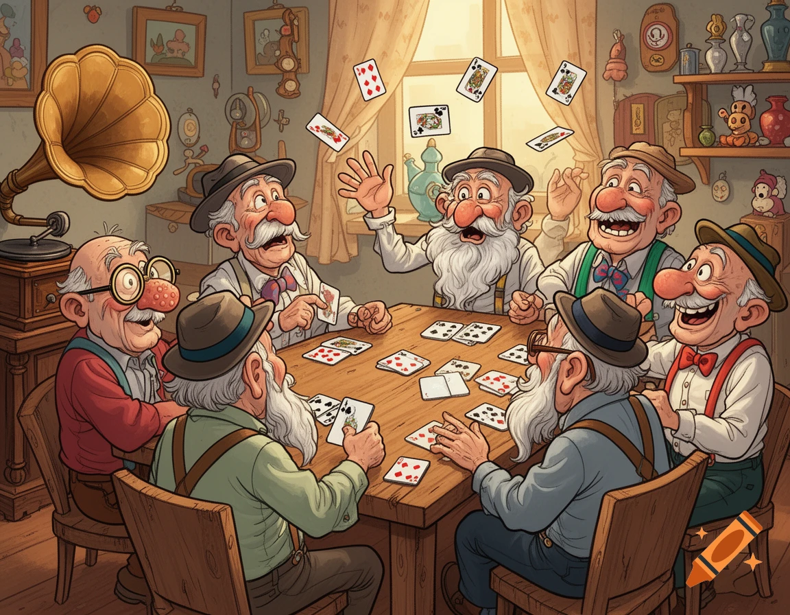 A humorous cartoon depicts six elderly men with mustaches and hats joyfully playing cards around a wooden table in a cozy, old-fashioned room.