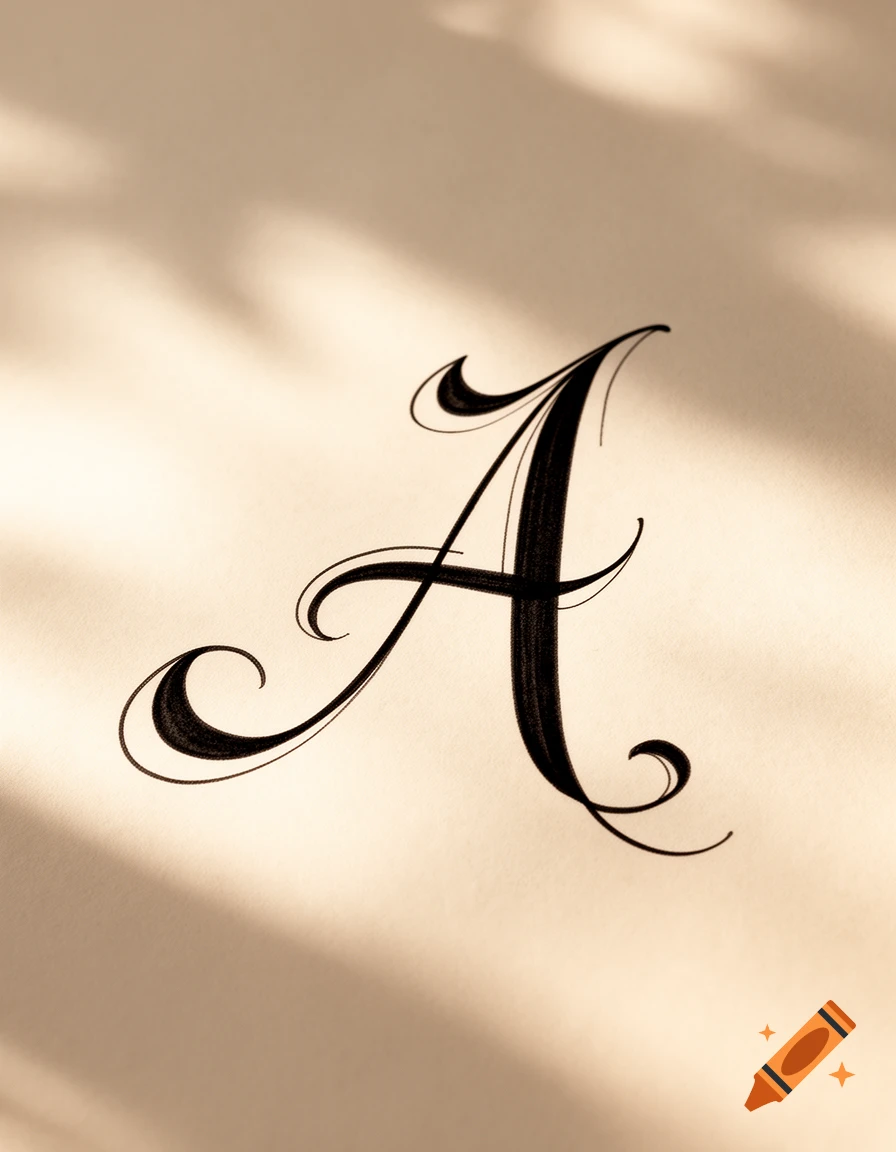 Elegant black calligraphic letter A on a light beige background with subtle shadows.