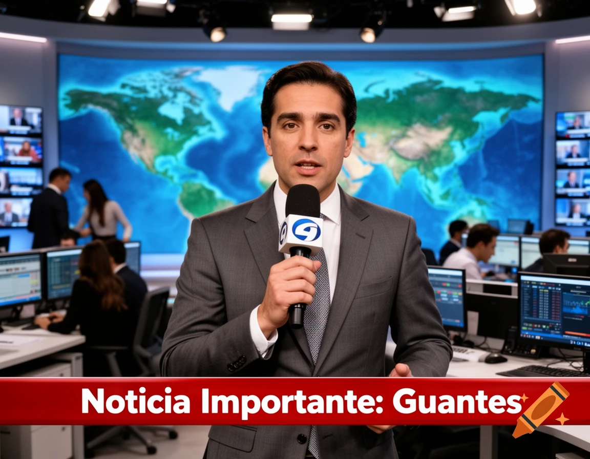 A male reporter holds a microphone in a bustling newsroom with a world map screen and a red banner saying 'Important News: Gloves'.