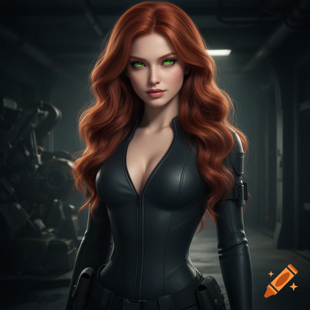 A woman with long wavy red hair and glowing green eyes wears a black, form-fitting leather suit in a dark, industrial setting.