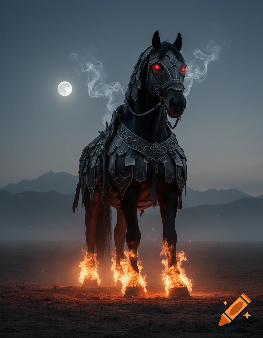 A black horse in ornate dark armor with glowing red eyes, smoking ...