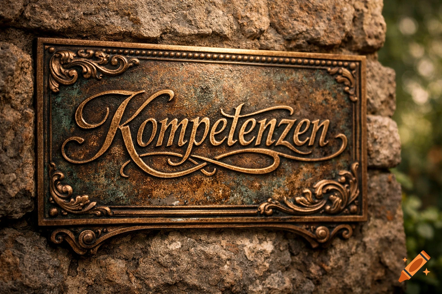 Ornate, verdigris-patinated bronze sign with 'Kompetenzen' in script font, mounted on a rugged stone wall, photorealistic.