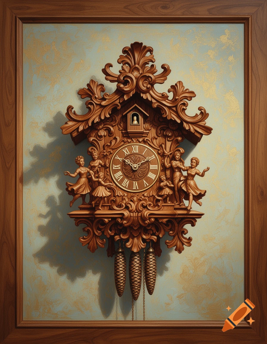 An elaborately detailed German cuckoo clock made of carved wood, featuring dancers and Roman numerals, rendered in a painterly style against a blue and gold background.