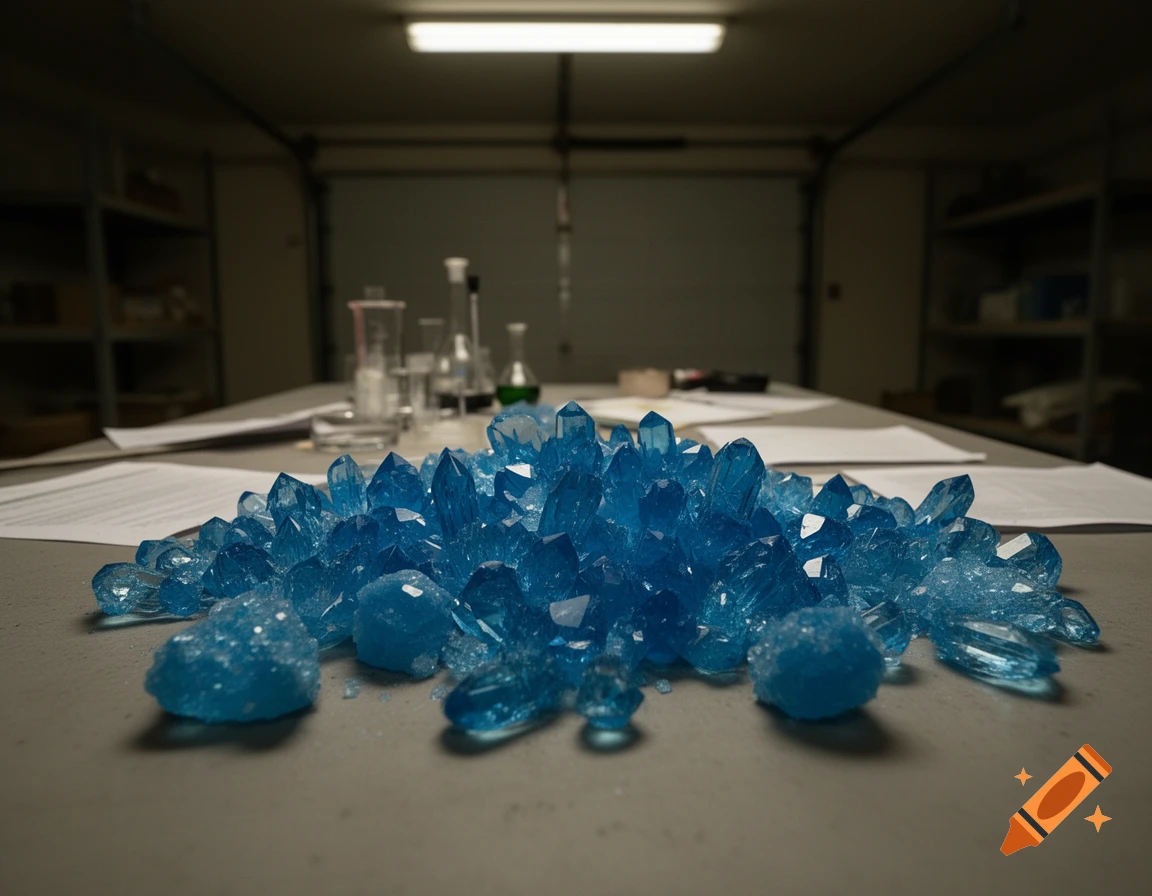 A large pile of shiny blue crystals on a table in a dimly lit laboratory with glassware in the background, photorealistic style.