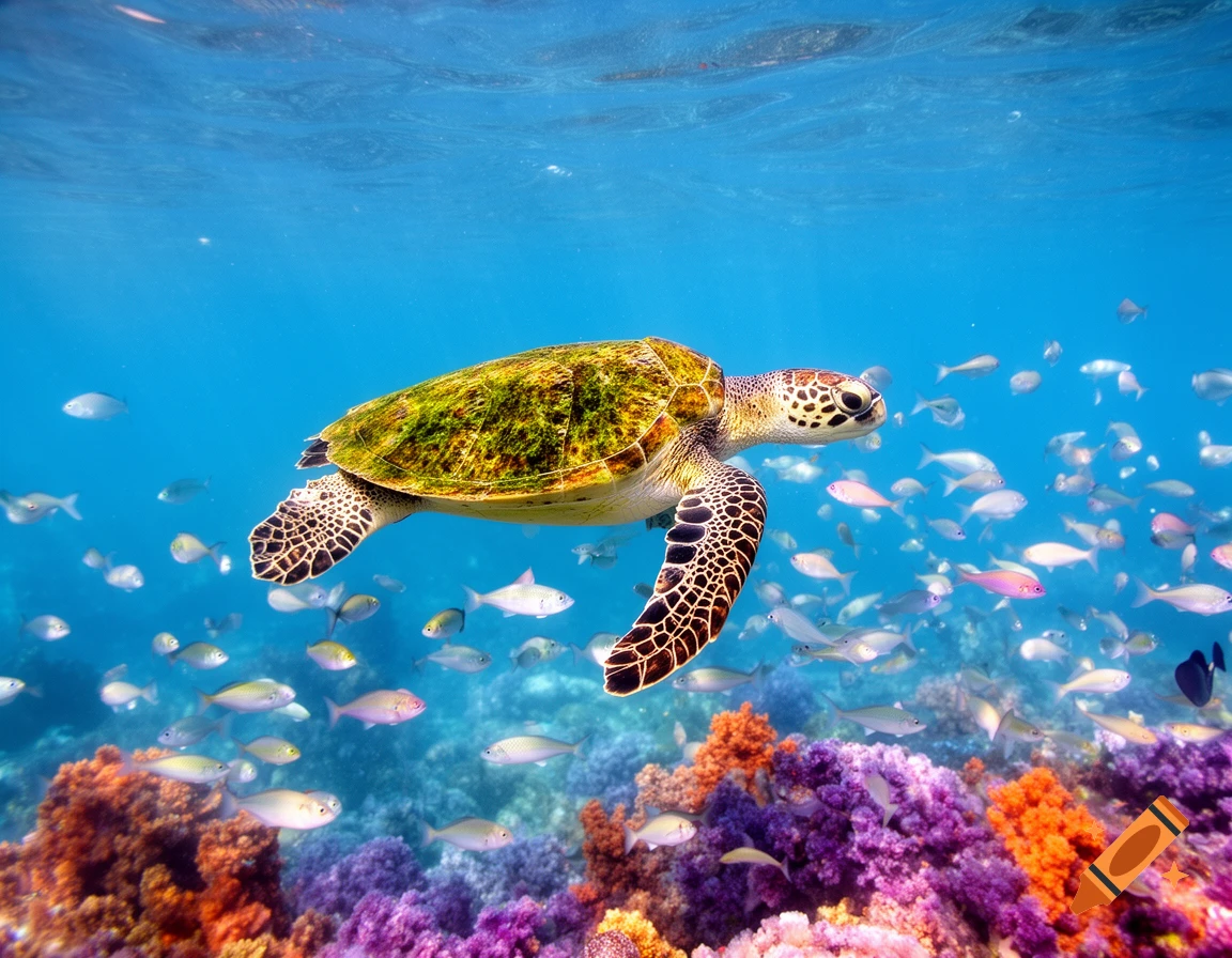 A sea turtle swims gracefully in a clear blue ocean, surrounded by ...