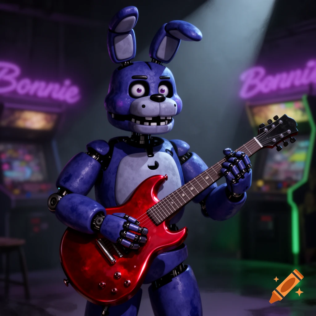 Purple animatronic rabbit Bonnie playing a red electric guitar in a dimly lit arcade with neon signs.