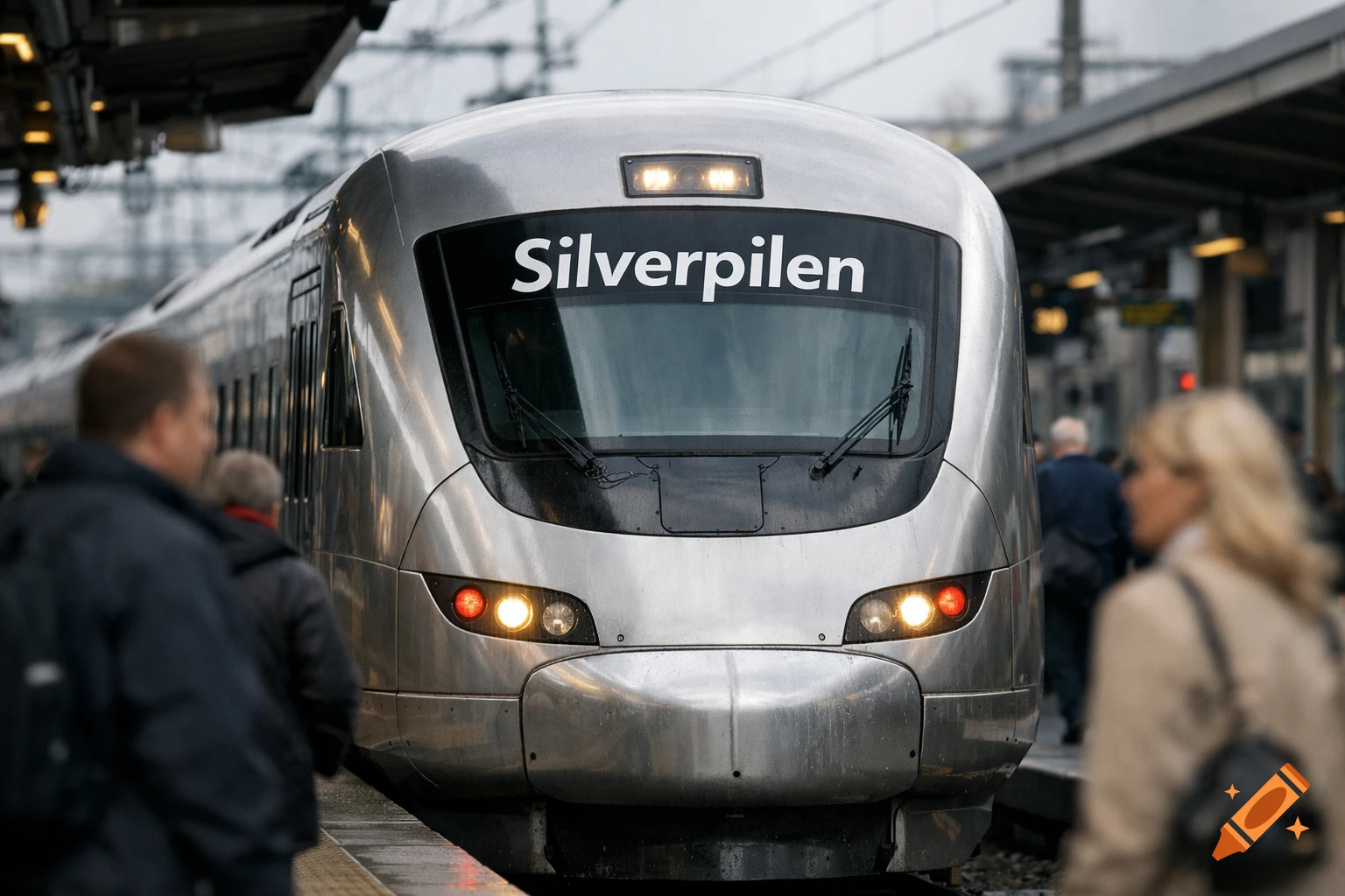 A modern silver train with the name "Silverpilen" on its front, stopped at a bustling station platform with blurred commuters.