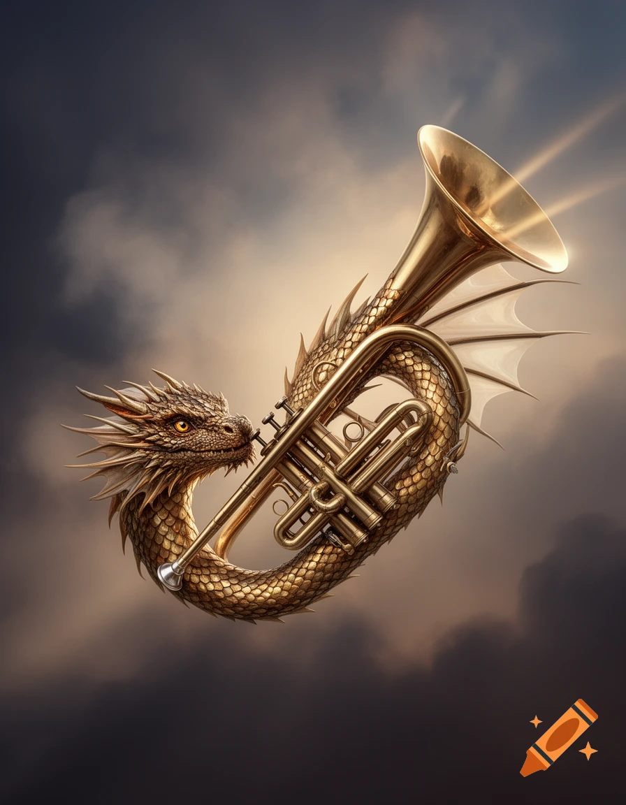 A majestic golden dragon's head and scaly body are intricately fused with a gleaming brass trumpet, set against a dramatic, cloudy sky.