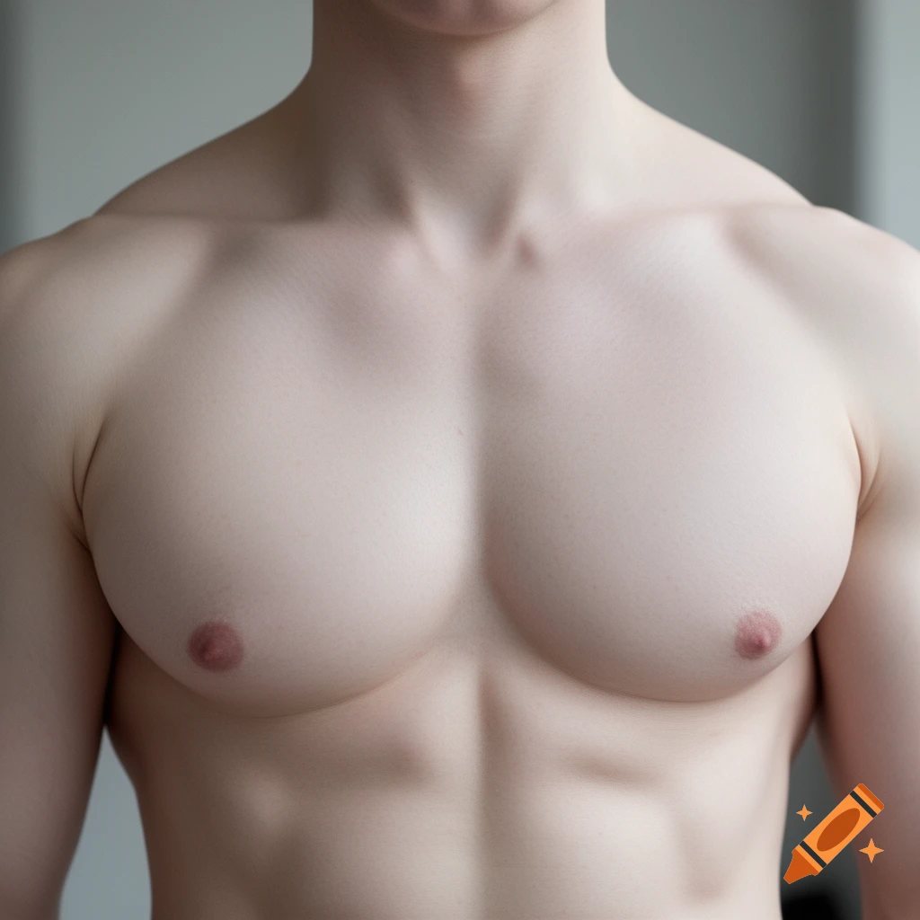 Close-up of a muscular male torso with a prominent chest and fair skin against a light background.