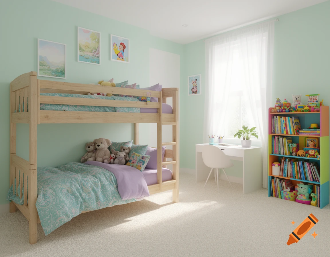 A brightly lit child's room with mint green walls, a light wood bunk bed, a white desk, and a colorful bookshelf.