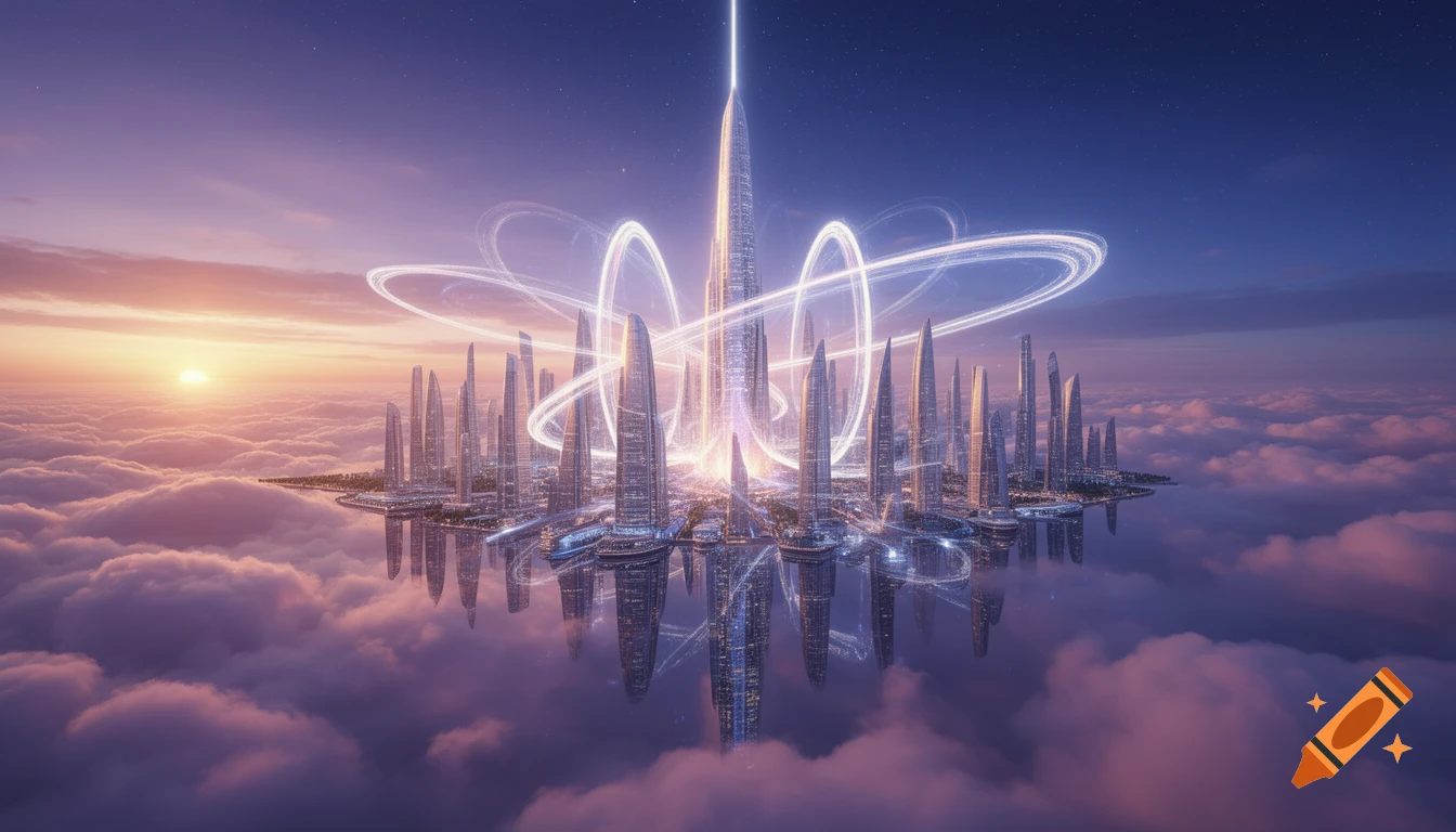 A stunning view of a futuristic floating city with glowing energy rings and tall skyscrapers above pink and purple clouds at sunset.