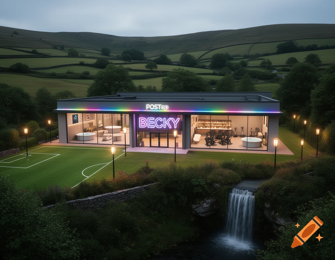 A modern building with neon signs 'POSTop' and 'BECKY' in a lush green landscape with a soccer field, waterfall, and distant hills.