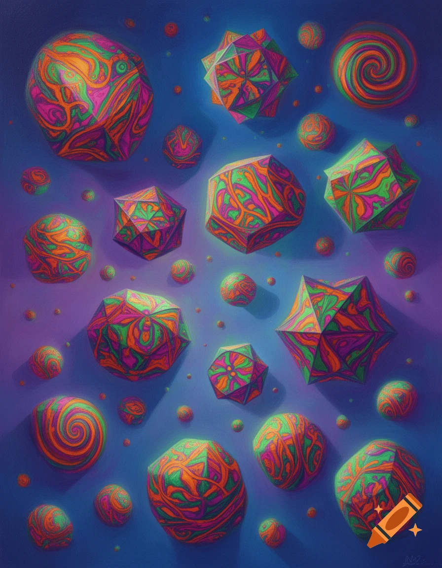 Vibrant abstract art featuring various geometric and spherical 3D shapes with swirling patterns in neon orange, green, and pink against a blue-purple background.