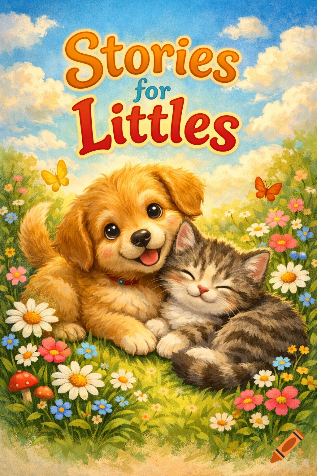 A cheerful storybook illustration of a golden puppy and a tabby kitten embracing in a field of colorful flowers under a bright blue sky, with 'Stories for Littles' text.