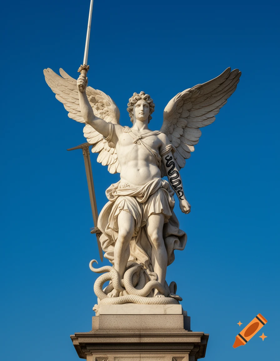 White marble statue of winged St. Michael holding a sword, standing on ...