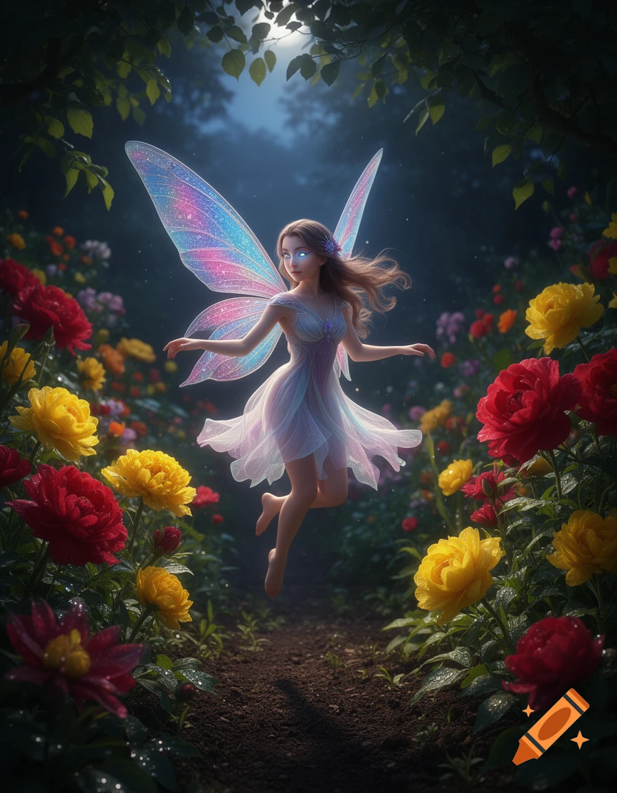 A glowing fairy with iridescent wings floats in an enchanted garden at night, surrounded by vibrant red and yellow flowers.