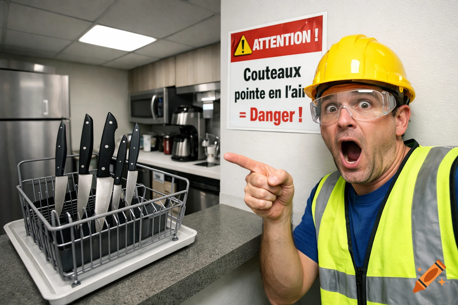 A man in a hard hat and safety vest, with a shocked expression, points at knives in a kitchen dish rack below a French warning sign.